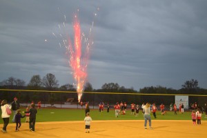 A fireworks display marked the end of the grand opening ceremony for Evesham’s new Diamonds at Arrowhead Park on Wednesday, May 7. Kids were asked to run out to center field for a surprise before the display started. Hundreds of Evesham residents attended the event.