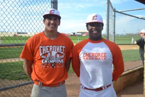 Sophomore Jarrad Delarso (left) and senior Quinn Taylor (senior) combined for a no-hitter in a 1-0 win over district-rival Shawnee on April 15. It was the first no-hitter either pitched had been a part of at the high school level. 