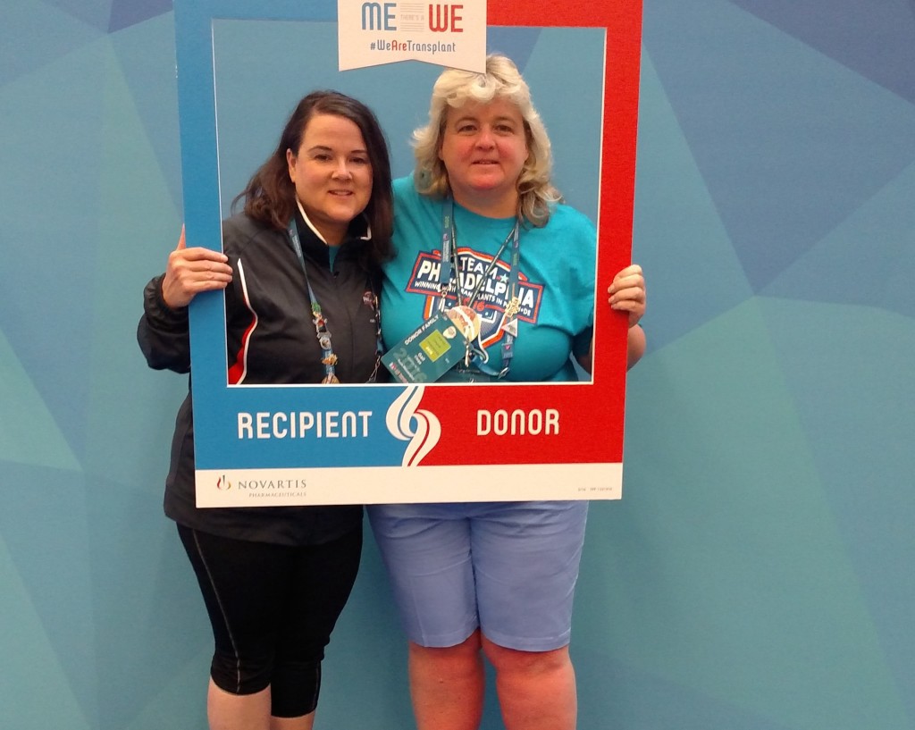 Sean Clegg's kidney recipient, Melissa Coleman, stands beside his mother, Gail Clegg at the 2016 Transplant Games.