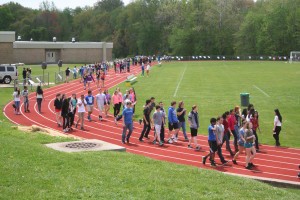 Students of Voorhees Middle School walk the track at the annual walkathon on May 9. The walkathon is designed to raise awareness of the importance of children staying active. This year’s event raised money for the Animal Orphanage in Voorhees through the sale of water bottles.