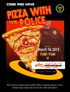 Evesham Police community policing event tonight, March 16, at Pats Select Pizza and Grill