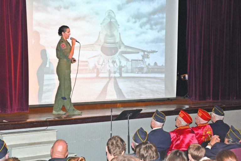 Capt. Janelle Baron shares her story at Haddonfield Middle School’s veterans day ceremony